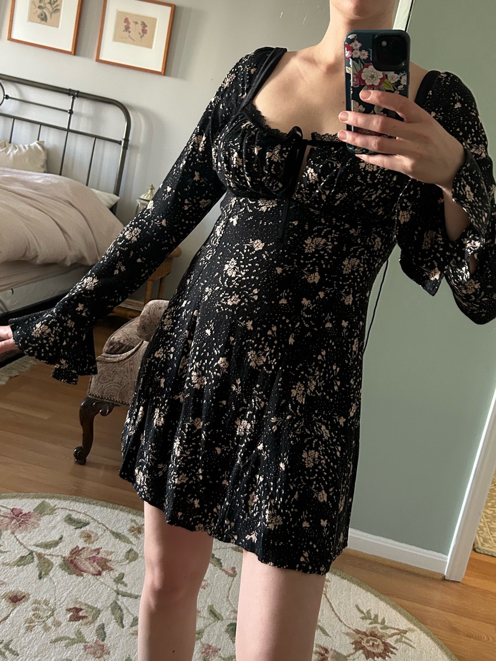 Free People Black Floral Long-Sleeve Mini Dress